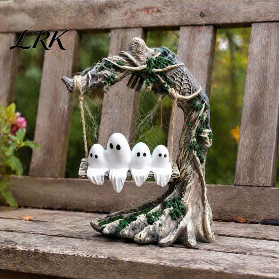 Creative Holiday Gift for Home Glowing Ghost On Swing Resin Yard Decor, Weatherproof Halloween Outdoor Garden Ornament with Gothic Style Ornaments