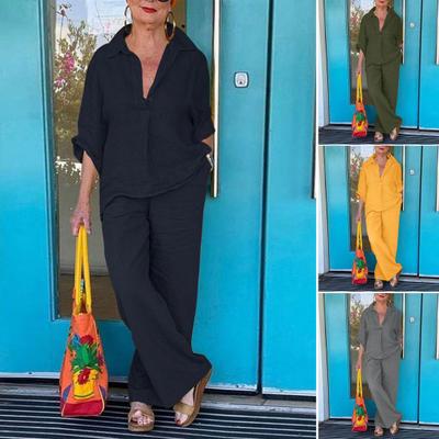 Women's Casual Solid Color Long Sleeve Shirts Cotton Linen Pants Suit