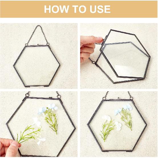 FINGERINSPIRE Hanging Glass Frame Brass Hexagon Wall Frames (6x6 Inches) for Display Pressed Plant Specimen Dried Flowers Black DIY Vintage Artwork