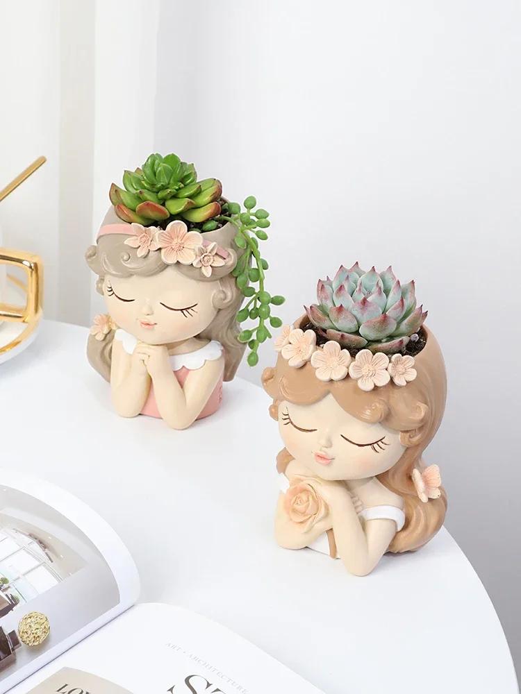 Cute Girl Small Plant Pot Resin Succulent Planter for Home Office Desk Mini Ornament Fairy Garden Flowerpot Decoration