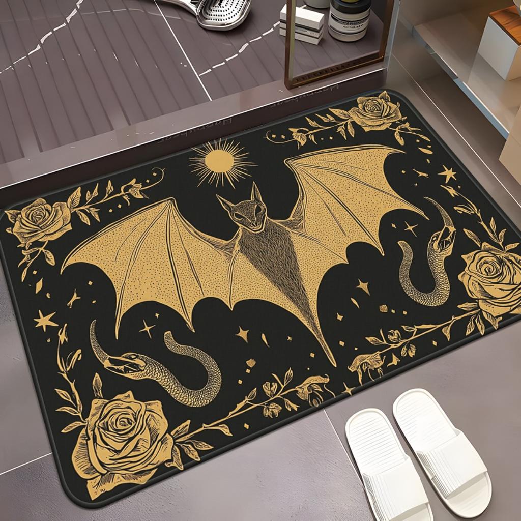Gothic Bat Snake Rectangle Door Mat Astrology Rose Floral Non-Slip Welcome Rug Luxury Gold Black Carpet for Home Entrance Decor
