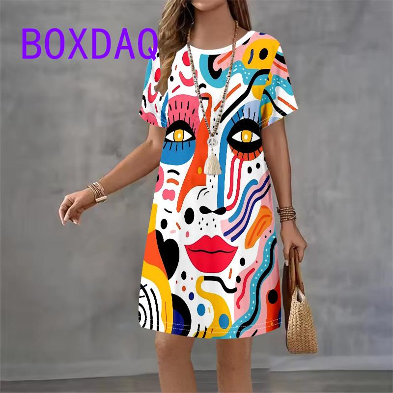 Retro Portrait Art Facial Pattern Women Dress Short Sleeve O-Neck Loose Casual A-Line Dress Summer New Street Ladies Sundress