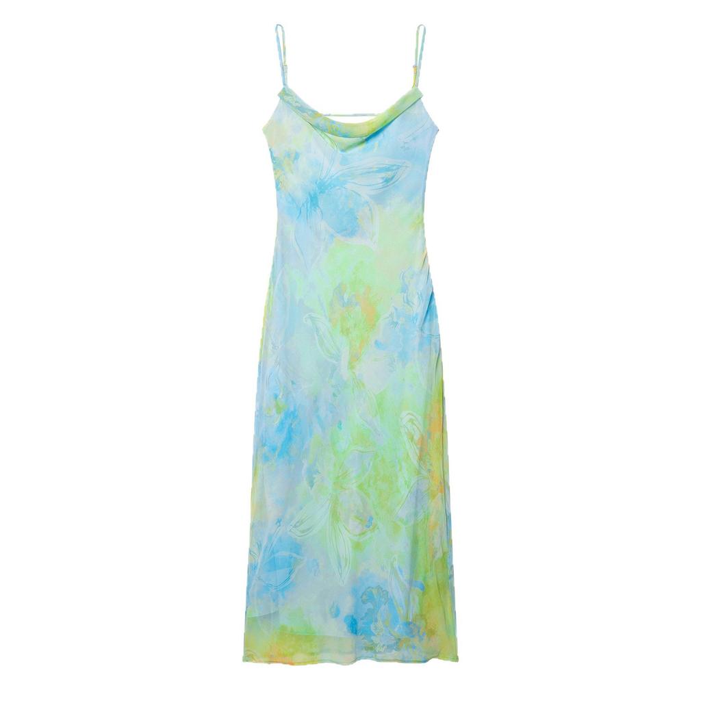 European and American Summer New Products Fashionable and Sexy Backless Slim Tie-dye Pleated Suspender Dress