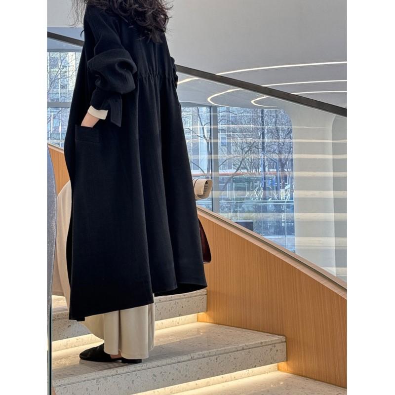 Johnature Trench long simple d'automne chinois pour femme à cordon de serrage, trench décontracté coréen ample