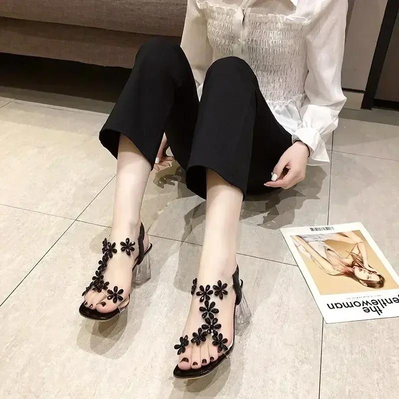 Elastic Band Women's Sandals 2025 Summer Open Toe Rhinestones Flower Transparent Chunky Heels Large Size 43 Sandals