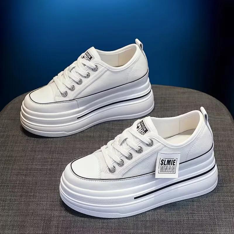 Casual Canvas Shoes  New Women's Solid Color Thick Sole Sports Wedge Heel Height Increasing Breathable Vulcanized Women's