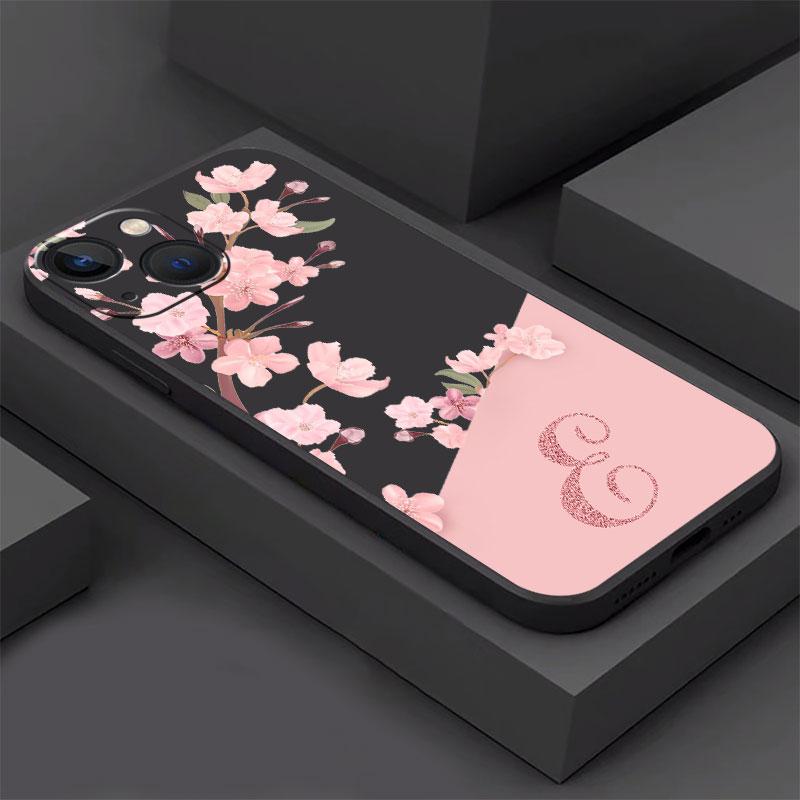 Case For Apple iPhone 14 13 11 12 Pro 7 XR X XS Max 8 Plus 6 6S SE 2022 13Pro Black Phone Funda Flower Letter Pink A B C Initial