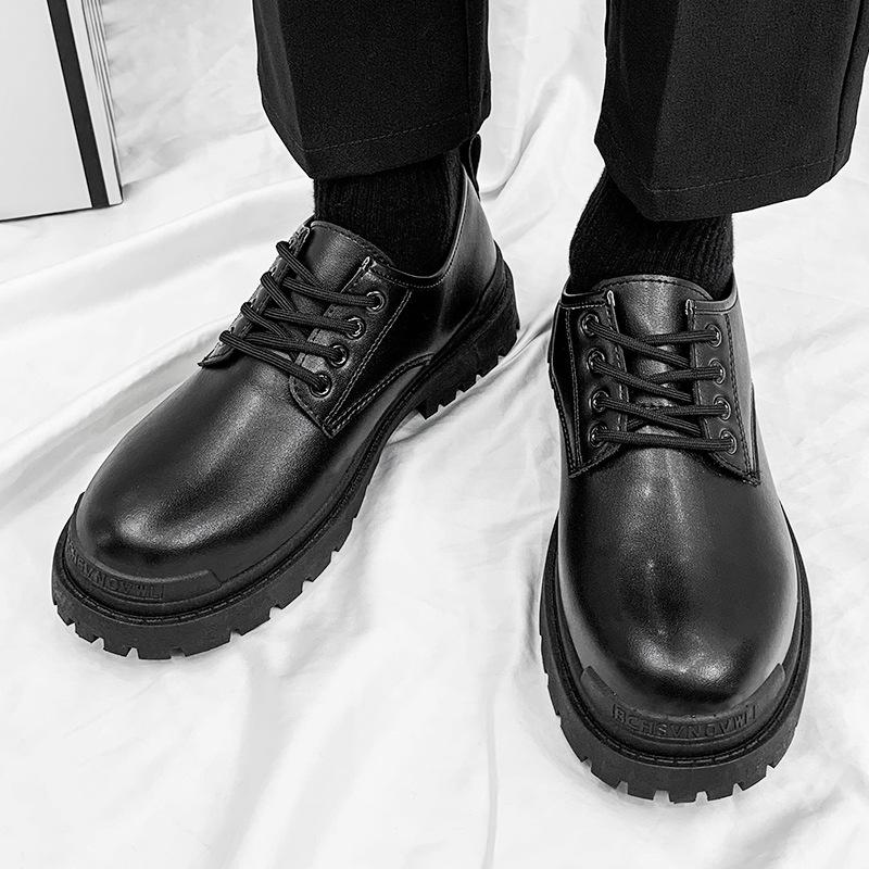 Black big head leather shoes winter business dress British style small leather shoes soft sole casual shoes autumn and winter