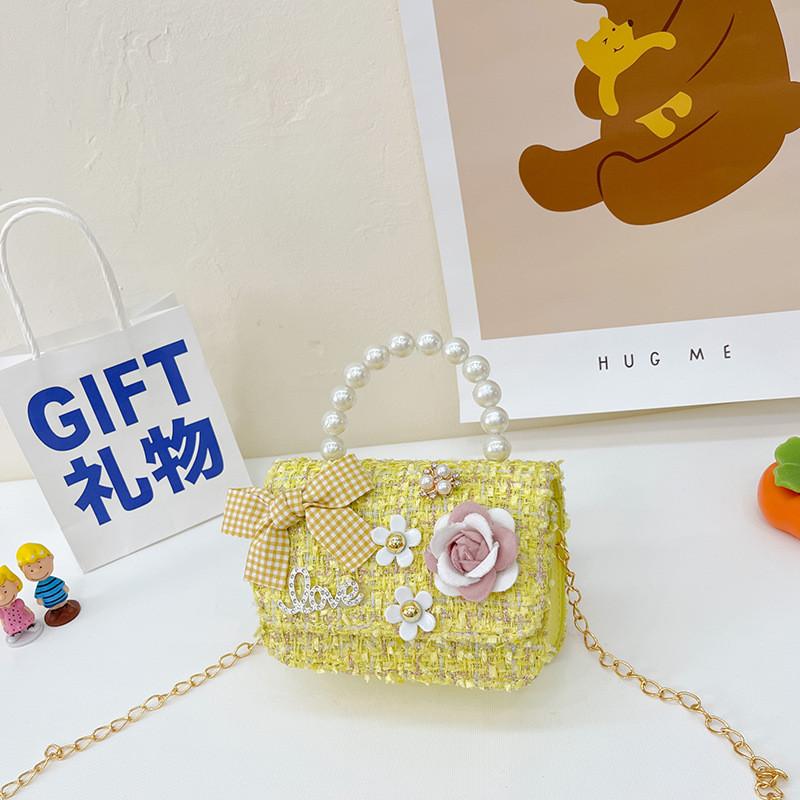 Girls Fashion Cotton Bag With Flower Pattern And Pearl Decor For Outings Casual