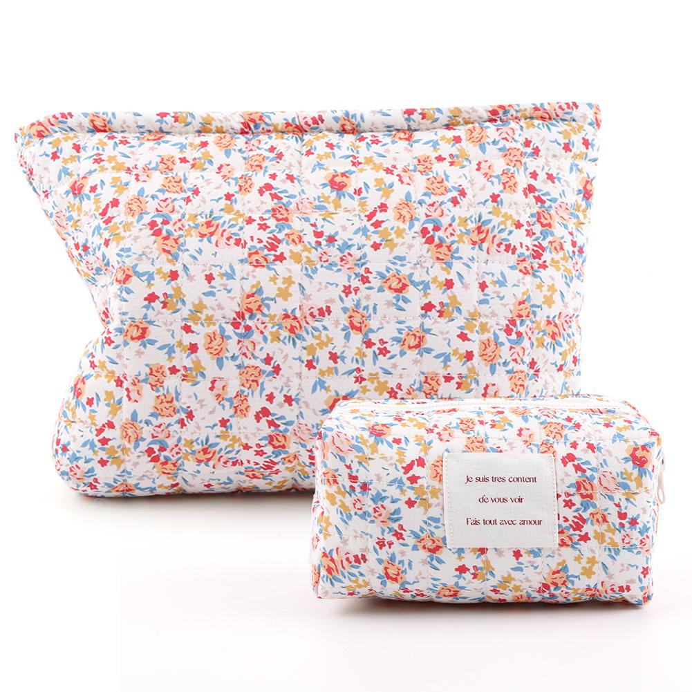 2Pcs Quilted Makeup Bag Floral Cosmetic Bag Soft Makeup Organizer Bag Padded Aesthetic Zipper Pouch Makeup Storage Bag