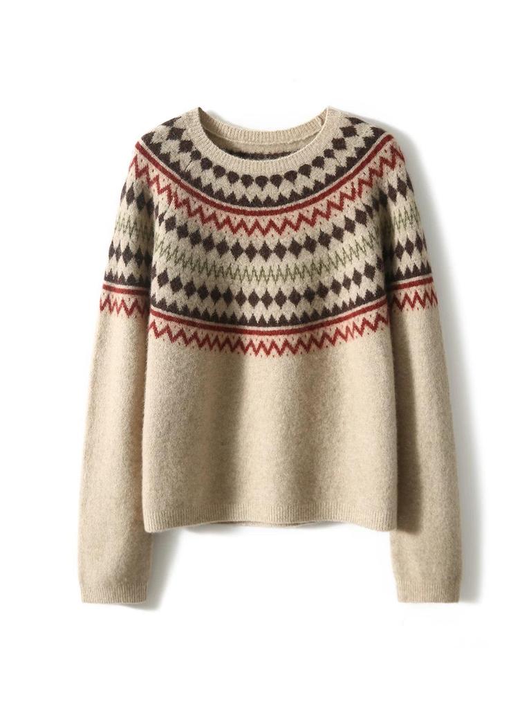 2025 Autumn/Winter Retro Fair Isle Jacquard Round Neck Long Sleeve Sweater