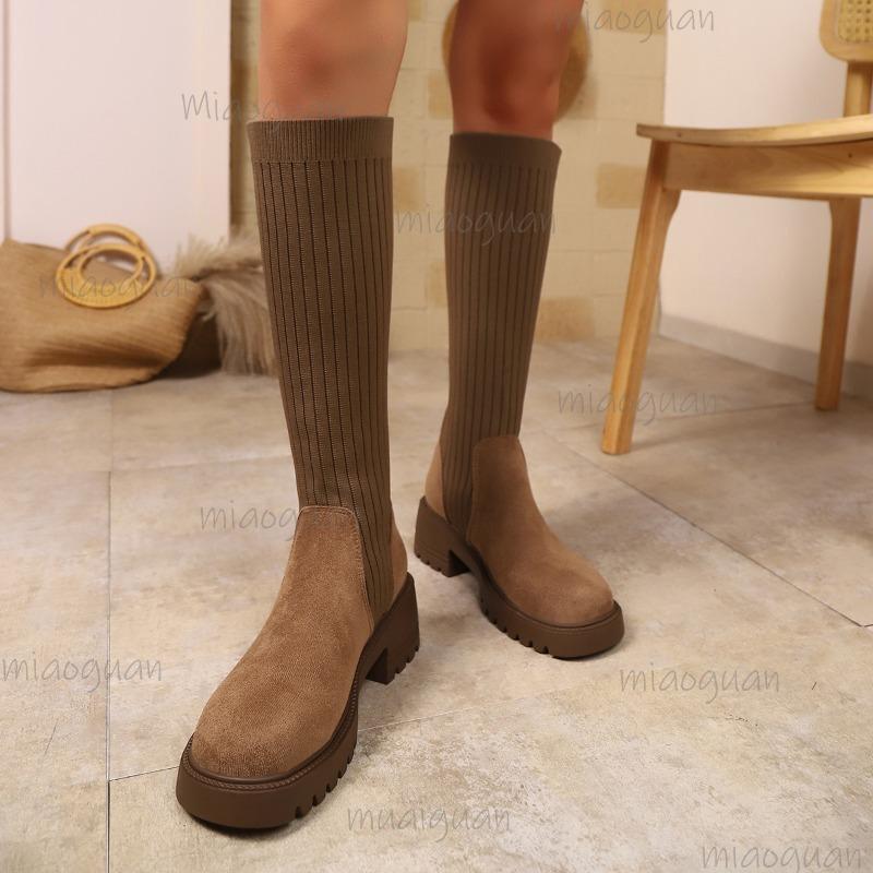Fashion 2025 Autumn New British Style Suede PU Elastic Sock Long Boots Thick Soled Knee High Boots Size35-42 Women's Fashion Botas Altas
