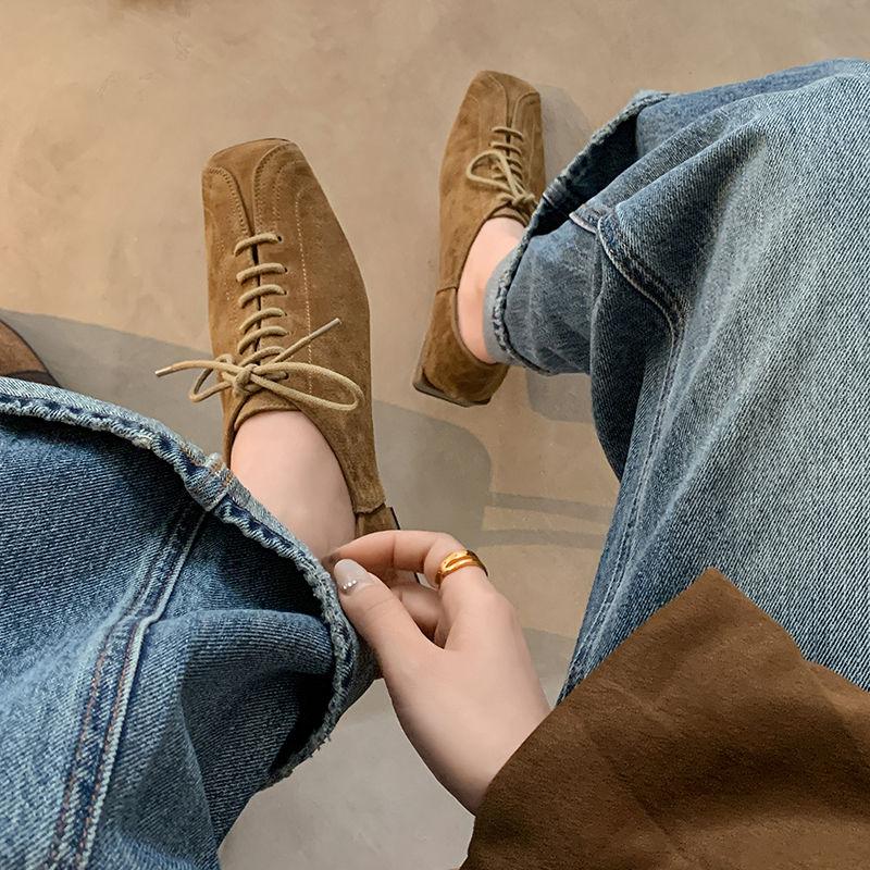 Fashion Genuine Leather Lace Up Women Square Toe Cross Tied Low Heels Leather Pumps Ladies Casual Autumn Shoes 2025 New High Heels Women