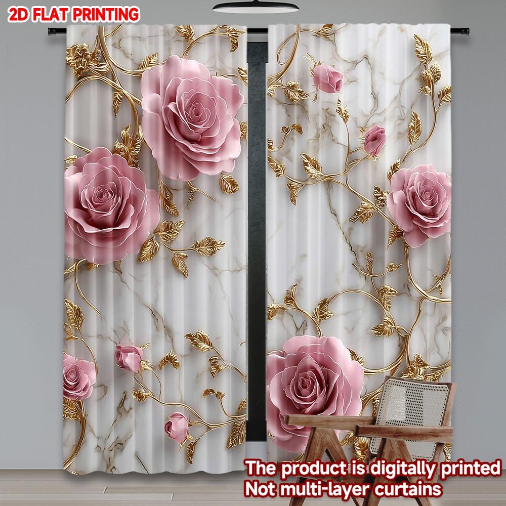 Set Of 2 Elegant Luxury Rose Gold Curtains Pink Roses Golden Vines Marble Background Living Room Decor Curtain Polyester Ideal For