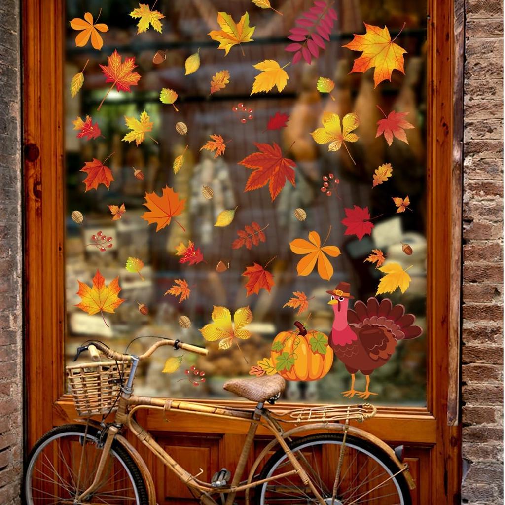 164 PCS Fall Window Clings for Glass Windows Autumn Window Clings Stickers Maple Leaf Window Stickers for Thanksgiving Autumn Home Office Decorations