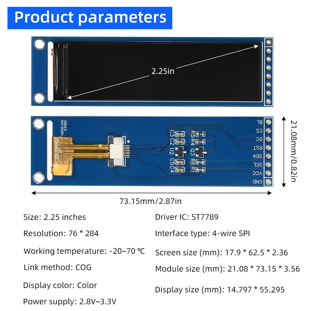 ST7789 LCD Screen Module 8 pin COG Link 4-wire SPI color Monitor 76*284 Full View Angle LCD Screen 2.25-inch TFT Display Screen