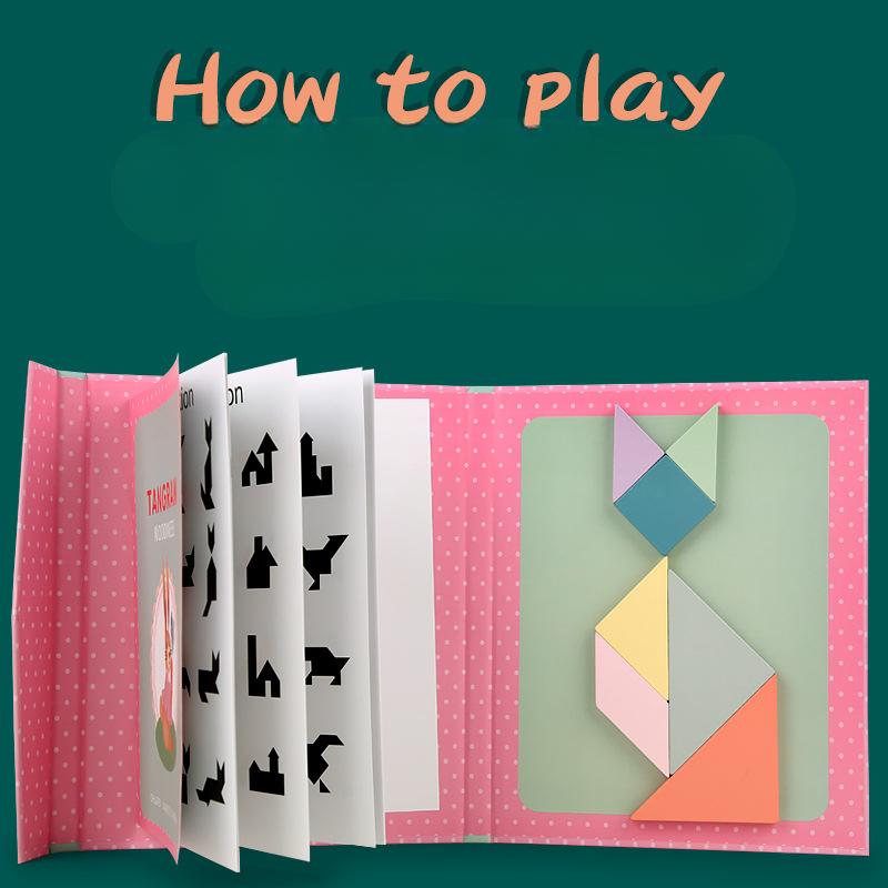 Wooden Colorful Bookcase Magnetic Tangram Teaching Aids Children'S Educational Cognition Creative Puzzles Early Education Toys
