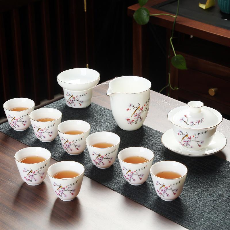 Company event business gifts, printed mutton fat jade porcelain Kung Fu tea set set, home gift gift