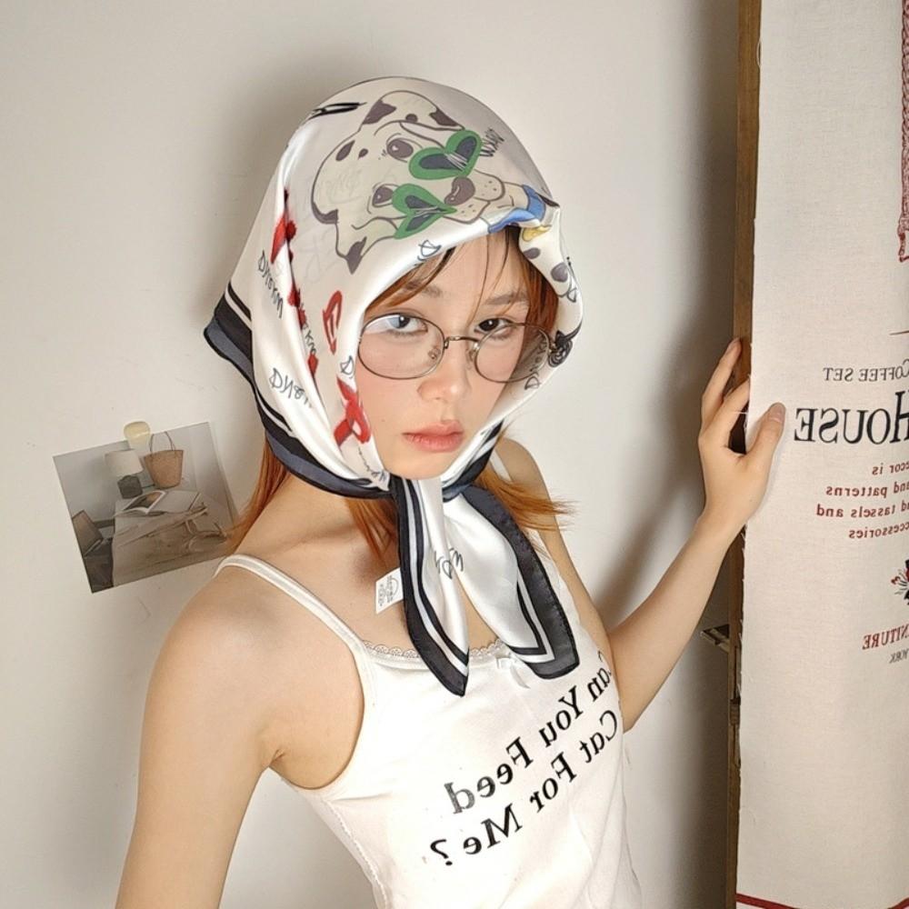 Breathable Flower Printed Scarf Satin Fabric Square Headband Elegant Silk Satin Turban  Streetwear