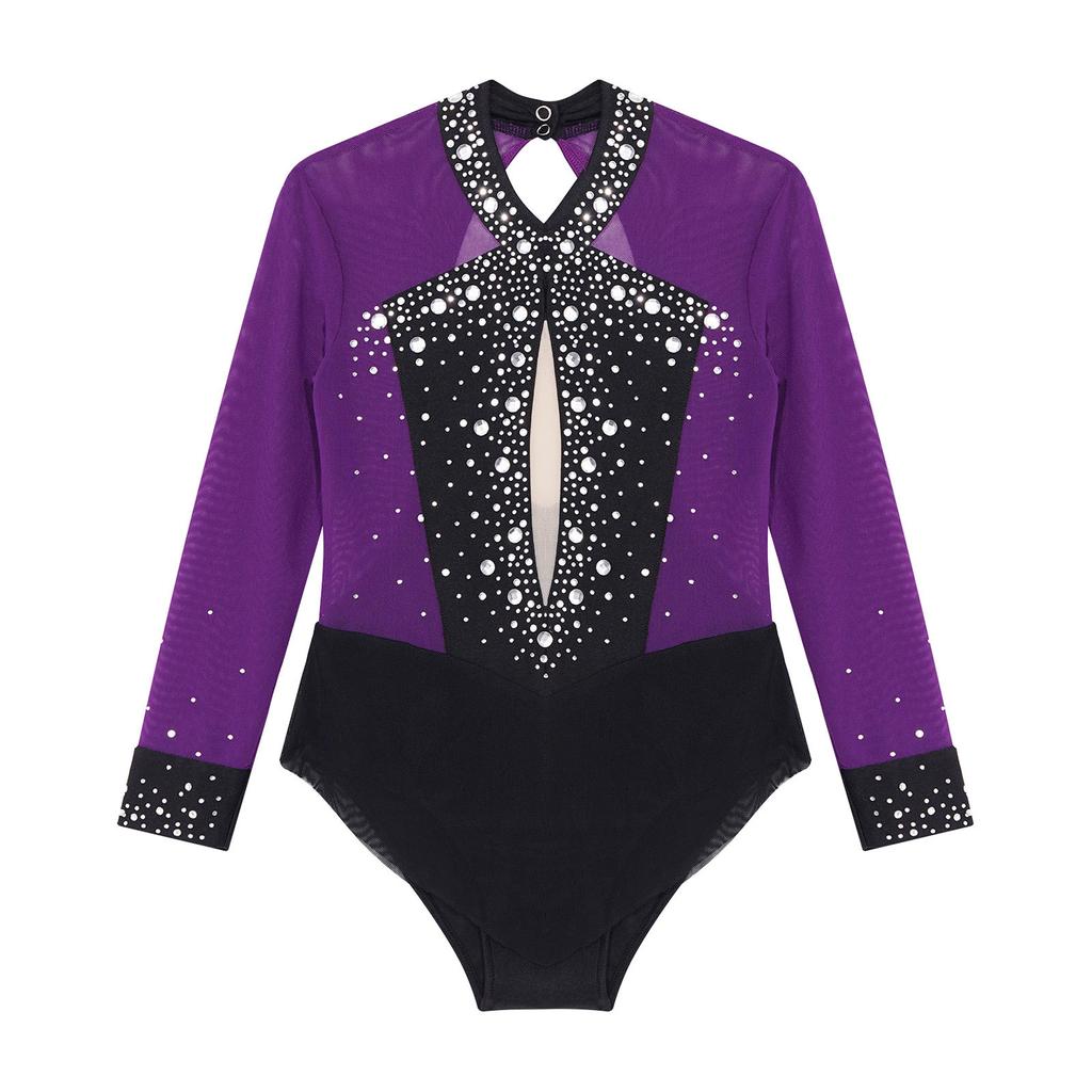 Kids Girls Ballet Dance Leotard Dress Figure Skating Rhythmic Gymnastics Bodysuit Shiny Rhinestones Mesh Skirted Jumpsuit