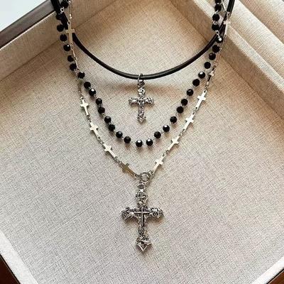 Vintage Gothic Cross Leather Beaded Necklace Multilayer Stacked Chain Niche Clavicle Chain Pendant Accessories