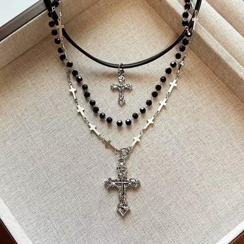 Vintage Gothic Cross Leather Beaded Necklace Multilayer Stacked Chain Niche Clavicle Chain Pendant Accessories