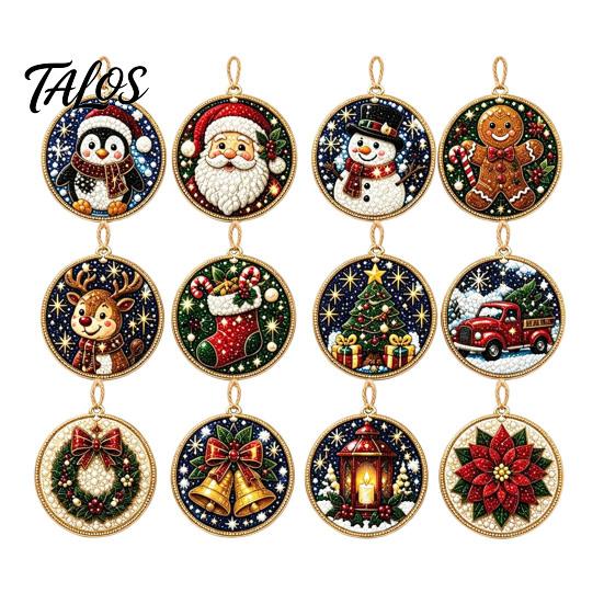 Festive Home Decoration 12PCS Christmas Tree 2D Flat Pendant, Pearl Acrylic Art Kits, Bright Fireplace Holiday Decor Color Classic Patterns