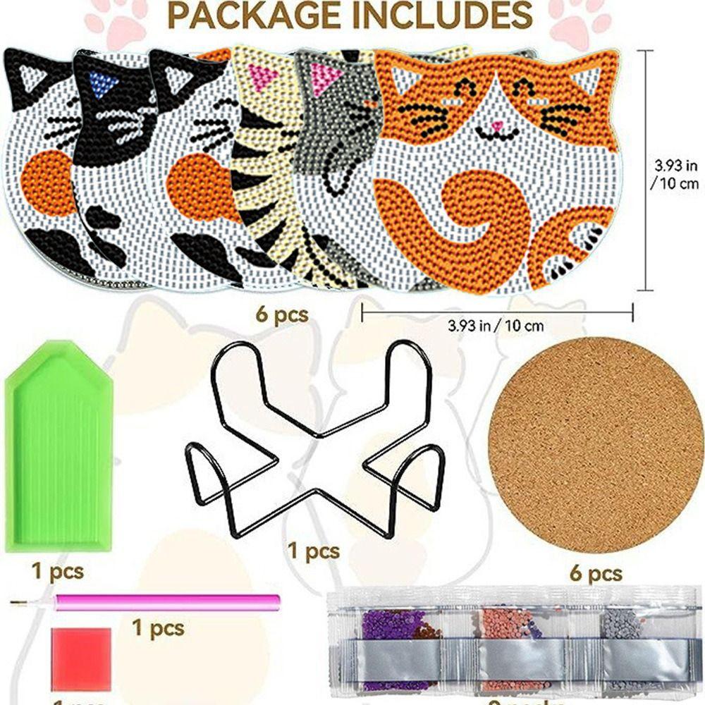 Cat Pattern Rhinestone Coaster Including Stand 6 Pieces Set Handmade Placemats Non-slip Crystal Artificial Diamond