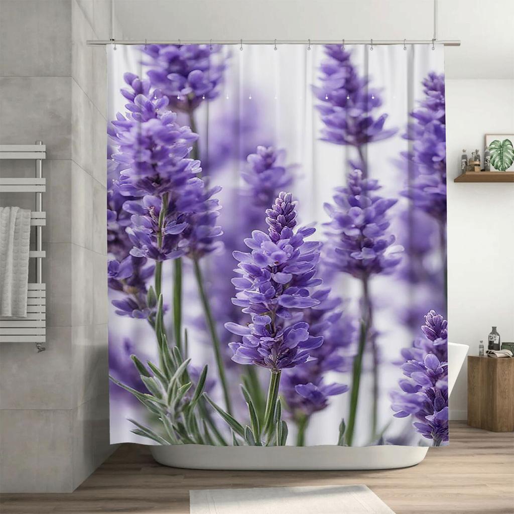 Beautiful Lavender Design Waterproof Shower Curtain Heat Resistant Machine Washable Non-Transparent 180x180cm
