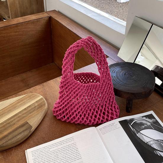 Hand-Woven Wrist Tote Bag Cotton Rope Braided Hollow Out Handbag Ladies Portable Wristlet Handbag for Travel Beach Shopping