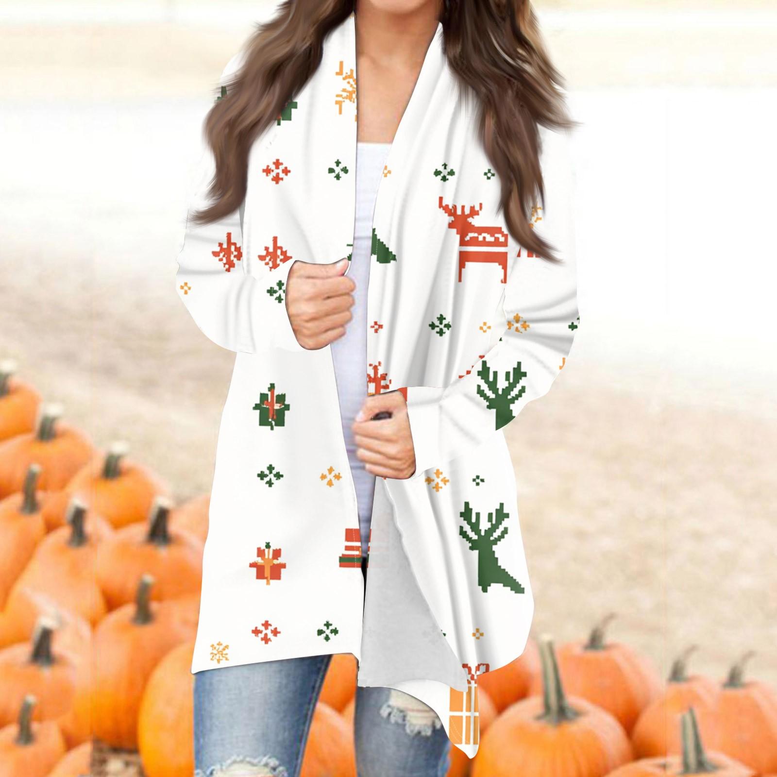 

Женская мода повседневная рождественская принтованная куртка-кардиган средней длины L белый