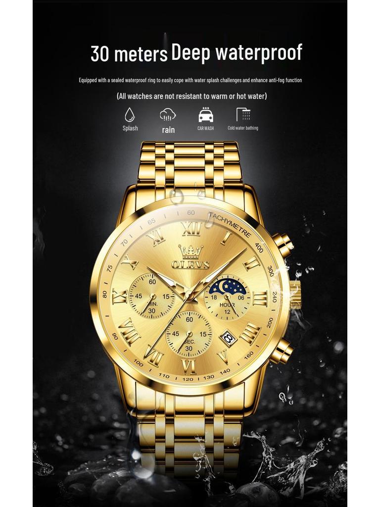 Wielofunkcyjny zegarek męski Oulishi: Luminous Calendar, Waterproof, Steel Band, Three-Eye, Six-Hand.