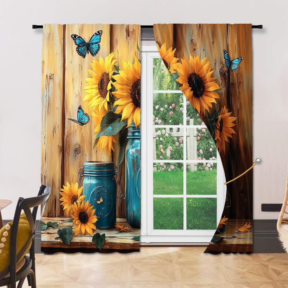 Set Of 2 Versatile Polyester Transparent Curtains Home Decoration Sunflower Butterfly Use Bedrooms Living Rooms Curtain Perfect For Room