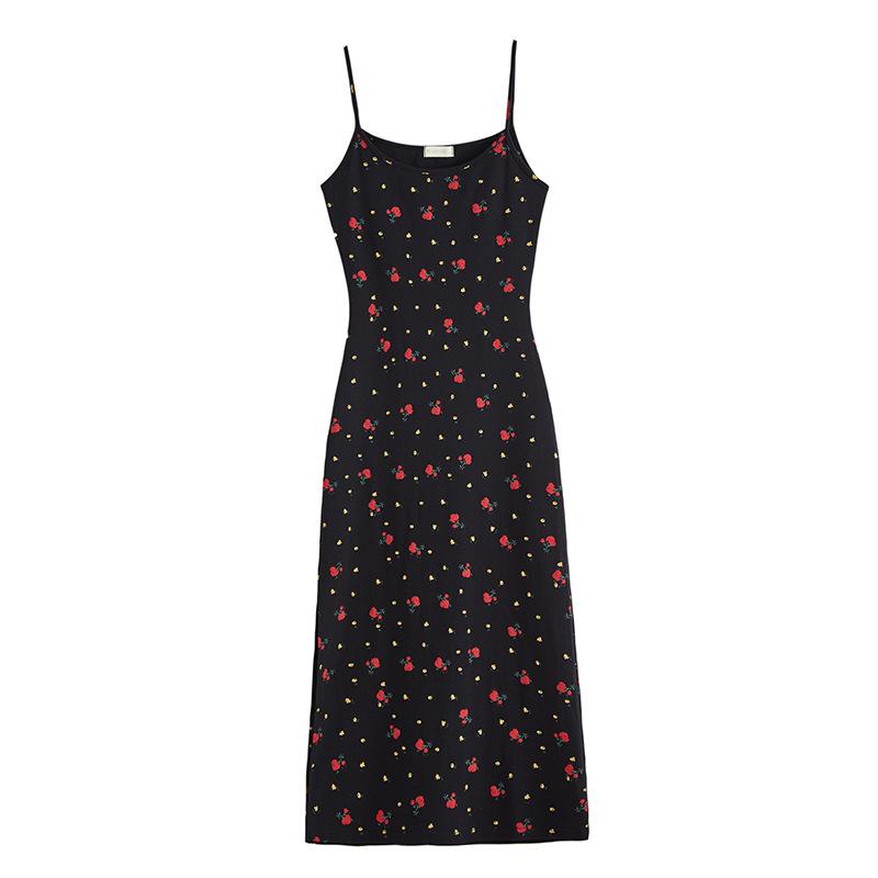 Cotton Rose Print U-neck Suspender Dress Women's Summer New Slit Sexy Dress