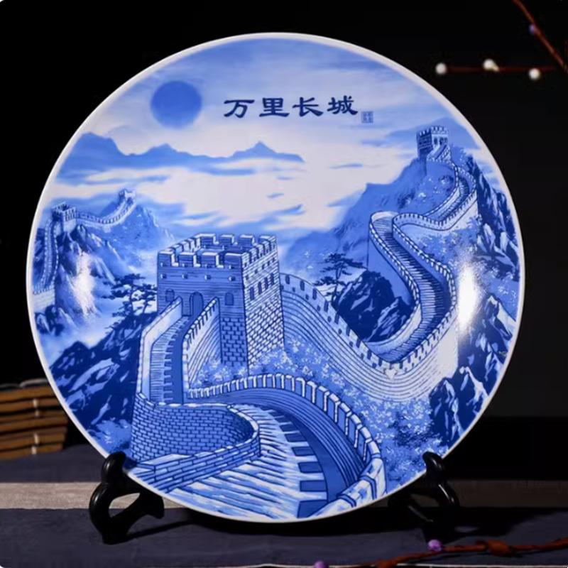 New Chinese-style Lucky Ceramic Plate Chinese Blue and White Porcelain 26cm Porcelain Plate Bracket Set Wedding Gift