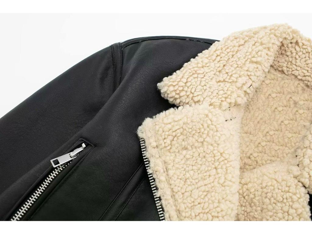 2024 Winter Shearling Biker Short Reversible Women's Jacket with Zipper Accents
