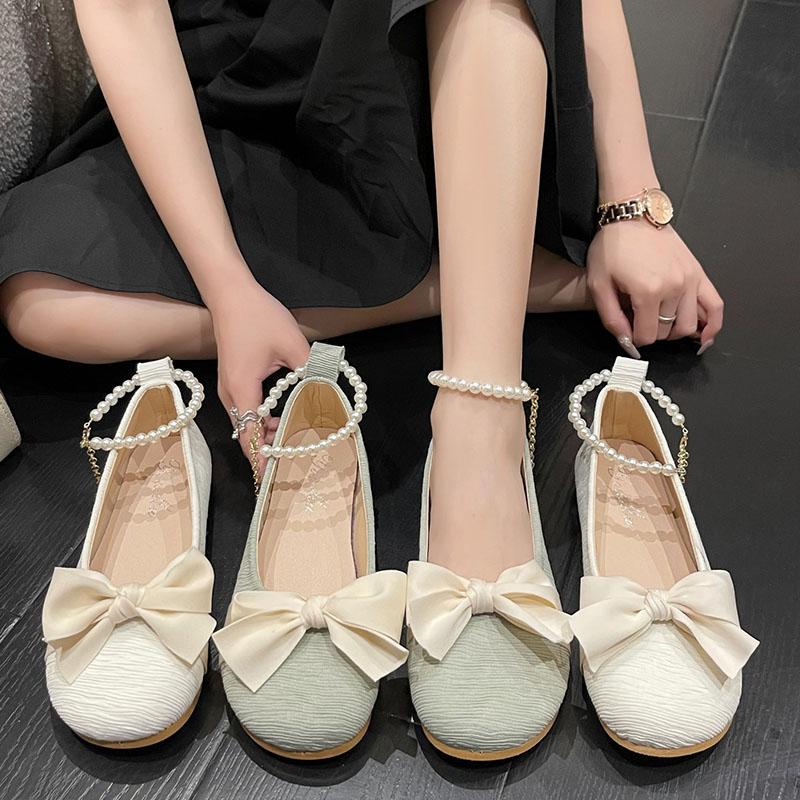 Women Pumps Elegant Mary Jane Flats Sweet Girl Ribbon Bow Pearl Chain Lolita Shoes Comfortable Round-toe Soft Sole Shallow Shoes