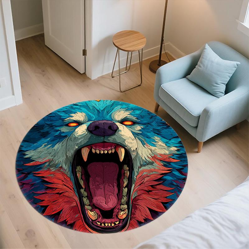 Roaring Wolf,Round Area Rug,Carpet Rug for Living Room Bedroom Sofa Playroom Decor,Non-slip Floor Mat