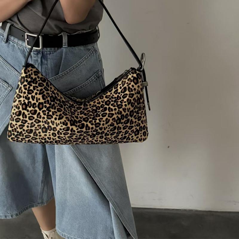 Vintage Leopard Print Underarm Bag Fashion Milk-patterned Horsehair Shoulder Bag Genuine Leather Adjustable Zipper Dumpling Bag