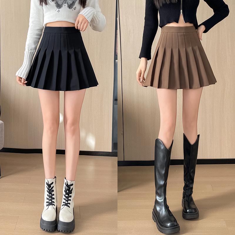 Women's Korean Style High-Waist Pleated A-Line Skirt - Slim Fit, Black, Spring/Autumn 2024 Collection.