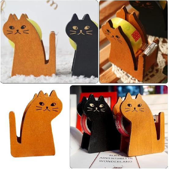Adorable Cat Shaped Tape Dispenser, Retro Wooden Tape Cutter, Brown, 3.42x2.36x1.18 Inch, Perfect for Desk, Office, Home, Gift Wrapping, Kids, and