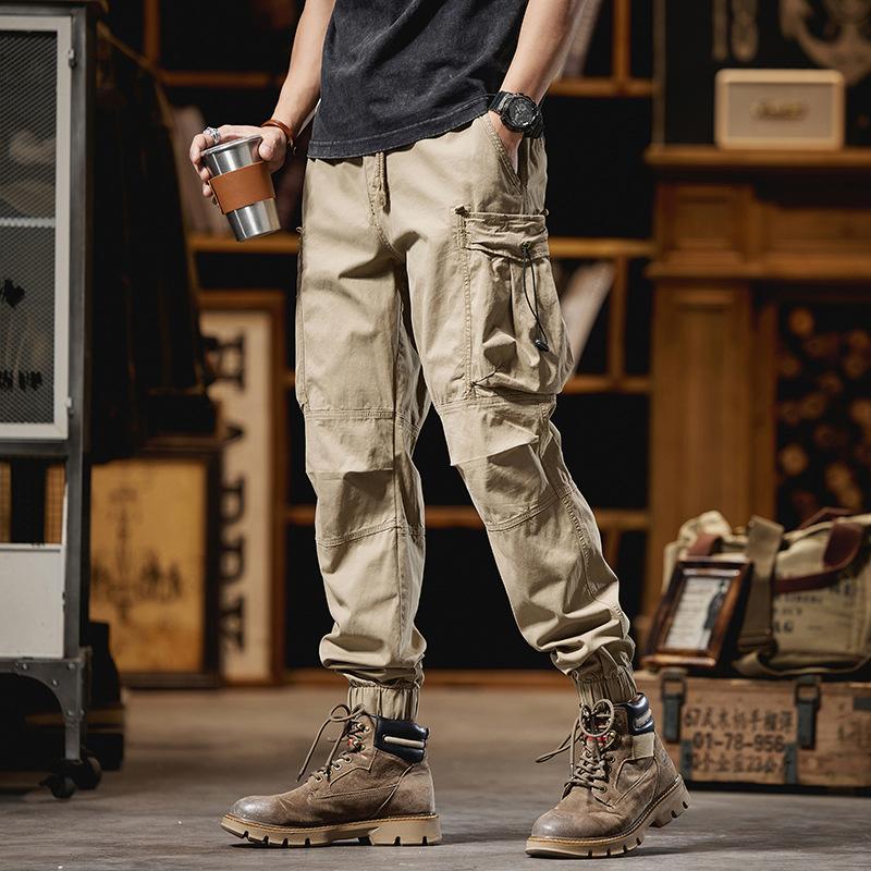 Retro Tying Work Pants for Men's Spring and Autumn Pure Cotton Wear-resistant Work Loose Casual Trousers