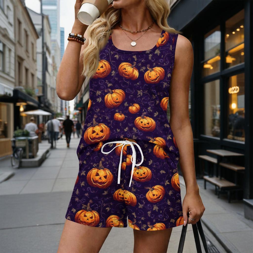 Women Sleeveless Two Piece Set Summer Casual Shorts Set Vintage Print Tank Top Square Neck Sleeveless Sportwear with Pockets