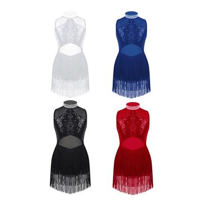 Vestido de dança jazz com lantejoulas e strass brilhante, vestido de malha transparente com bainha com borla, vestidos de balé para performance em palco, roupa de dança