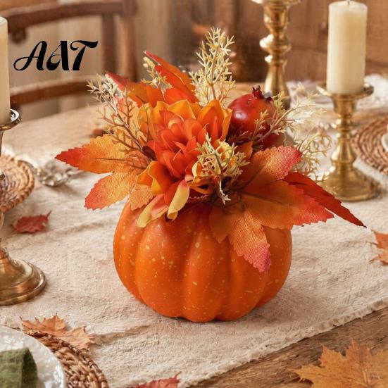 Indoor Halloween Holiday Accents Fall Pumpkin Table Ornament, Artificial Foam with Flower, Maple Durable Ornaments Leaves, Berry for Autumn