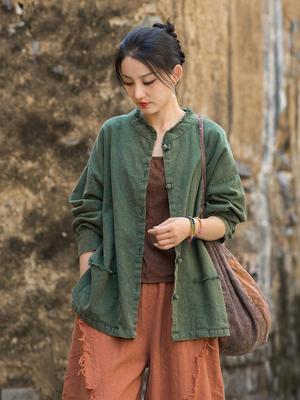 Jaqueta Feminina Estilo Zen Algodão Linho - Outono/Inverno, Feita à Mão com Fivela Pan e Pincelada de Cor Frita, Casual e Versátil