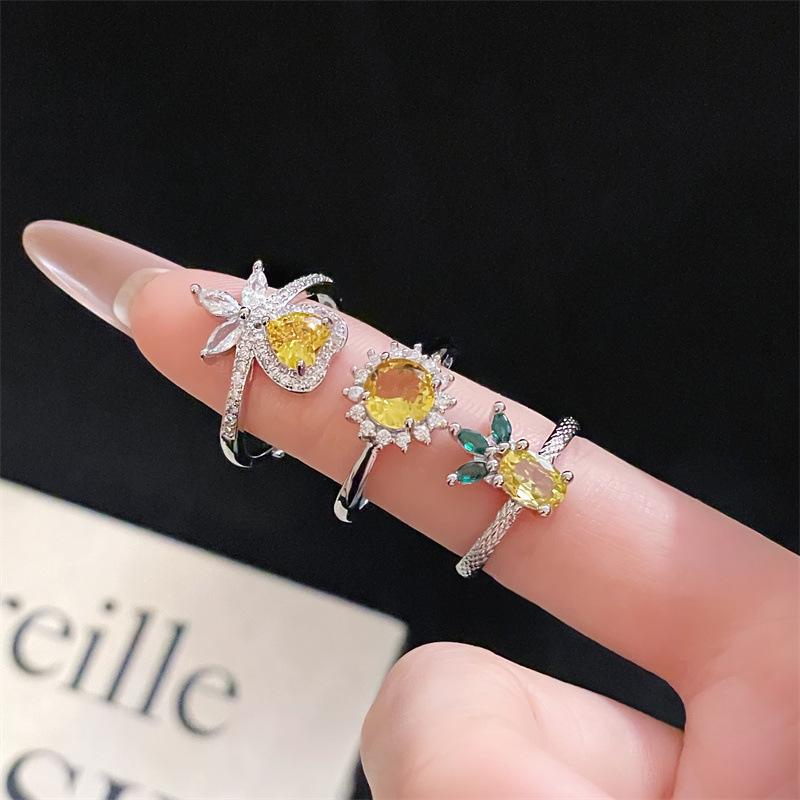 Yellow Diamond Series Color Treasure Open Ring Full Of Diamonds Zircon Exquisite French Light Luxury Premium Sense Adjustable Ring