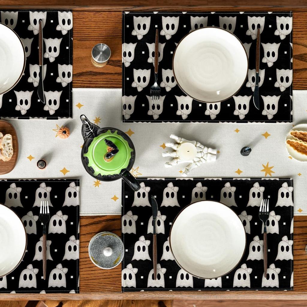 Black Stripes Ghost Boo Spooky Halloween Placemats Set of 4, 12x18 Inch Seasonal Vintage Table Mats for Party Kitchen Dining