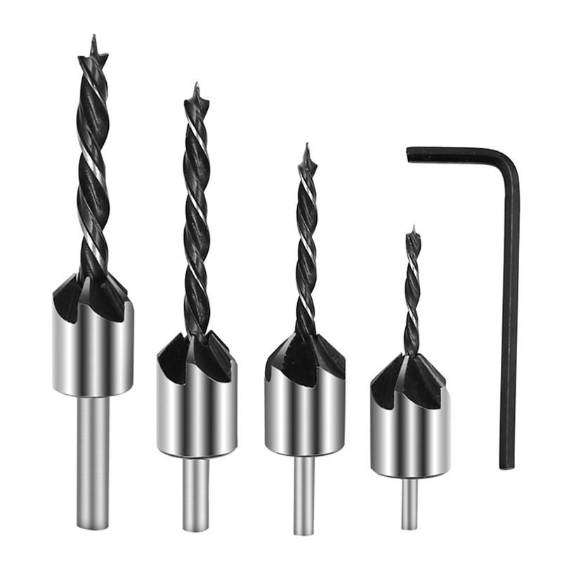 

4pcs Carpentry Drill+1pc Wrech 3mm-6mm HSS Flute Countersink Drill Bits Set Chamfer Reamer For Woodworking Drill Bit Power Tools