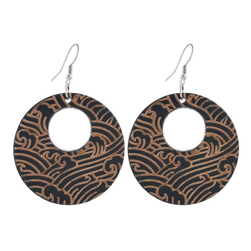 Retro style wood carved earrings niche design round earrings femininity literary earrings